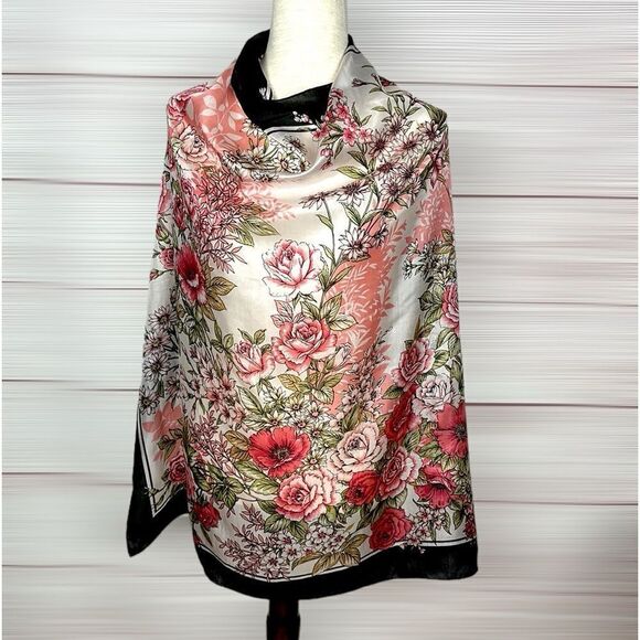 Floral Square Scarf Silky Chiffon Pink Ivory Black Trim Hand Rolled - Picture 7 of 13